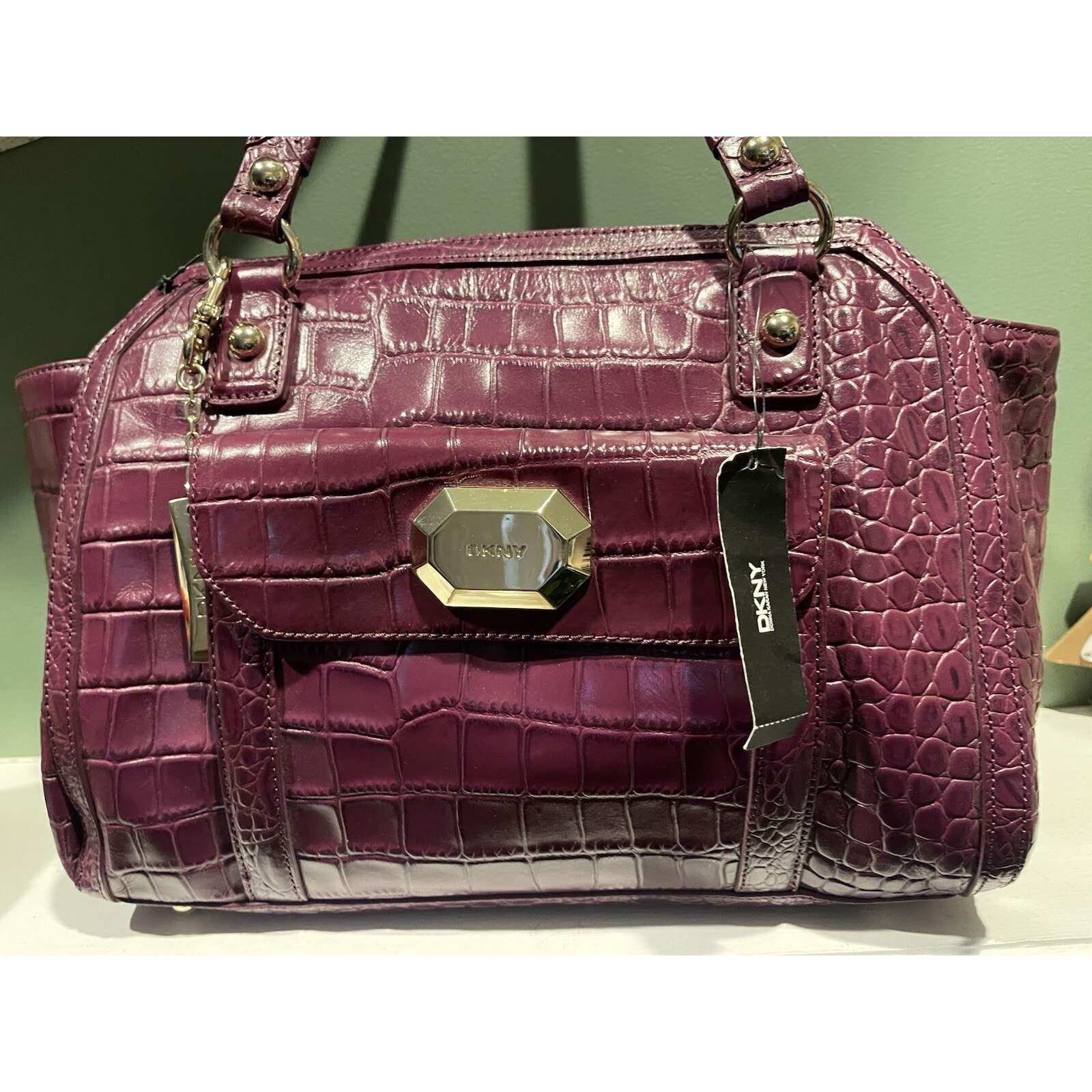 Authentic Dkny Purple Croco Leather W Jewel Plaque Womens Purse -Msrp $325